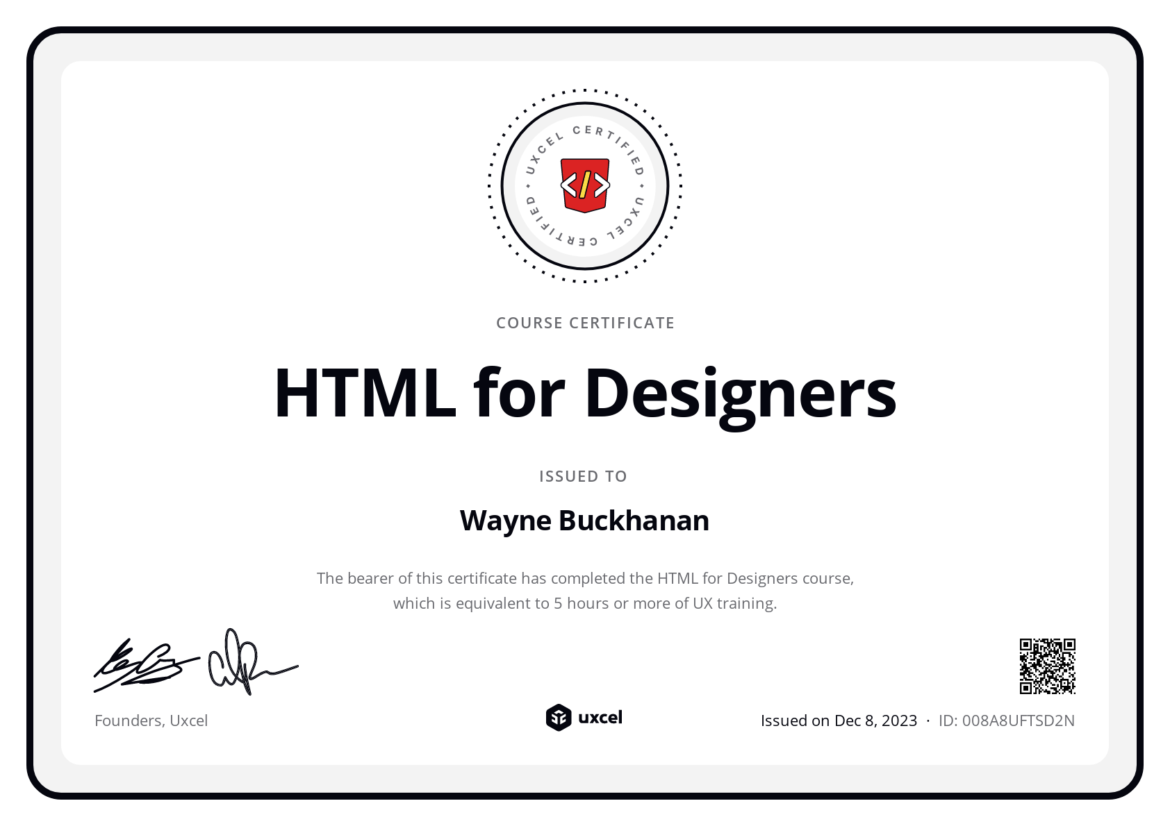 Wayne Buckhanan's certificate